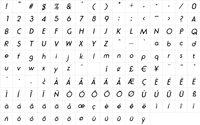 R791-Deco Italic  glyph index