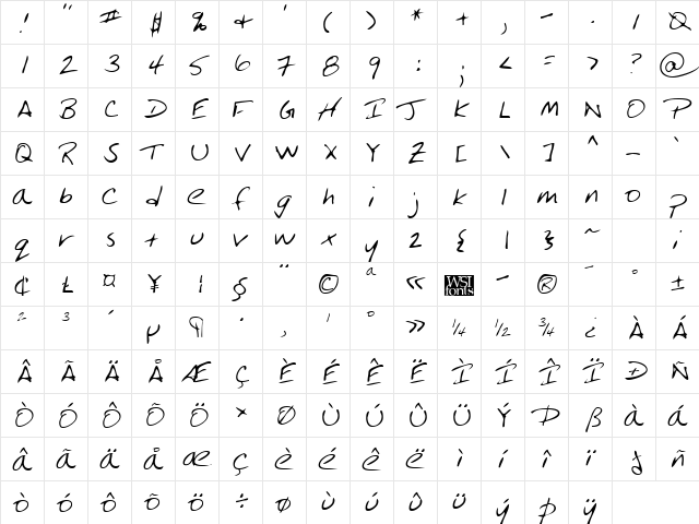 LinfordsHand Regular  glyph index