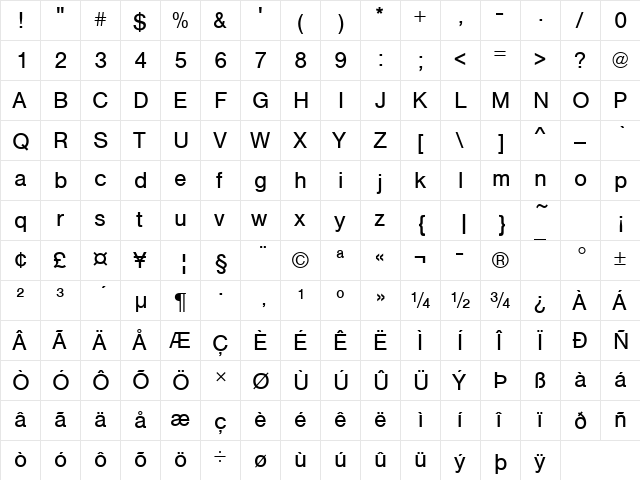 Nimbus Sans Becker T Regular  glyph index