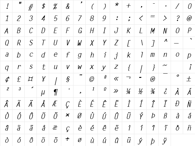 Lechter Bold Italic  glyph index