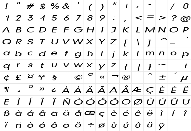 Geo 579 Extended Italic  glyph index