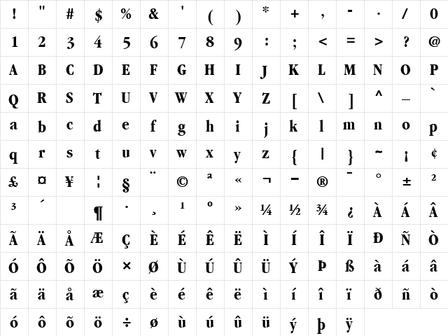 Garamond BoldCondensed  glyph index