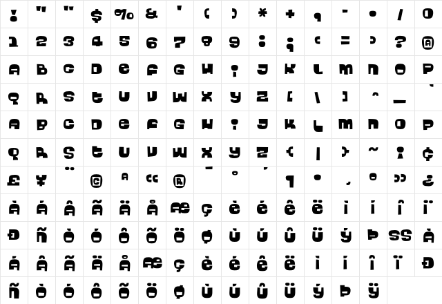 Bingo Regular  glyph index