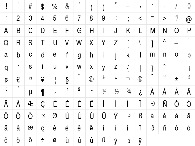 HeaveneticaNarrowSH Regular  glyph index