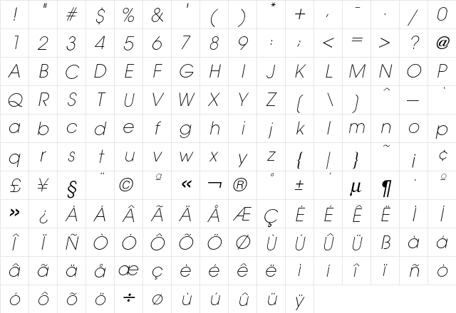 Avant GardeXLightOblique  glyph index