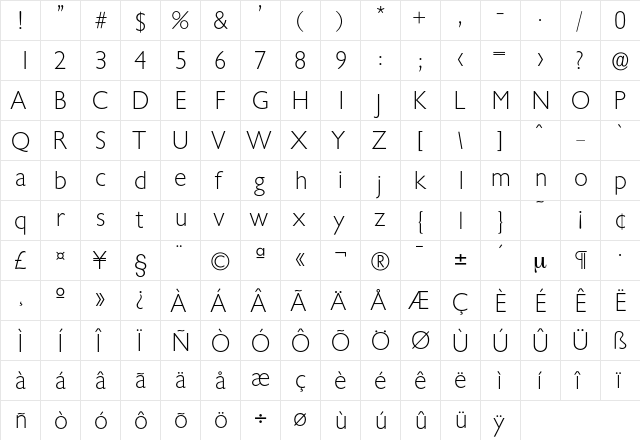 Chantilly-Xlight Regular  glyph index