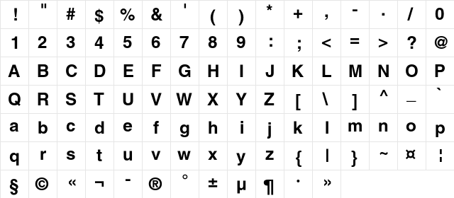 Helios Bold  glyph index