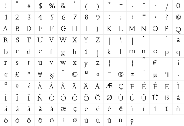Jessica-Light Regular  glyph index