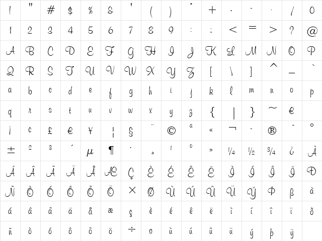 MurrayHill BT Regular  glyph index