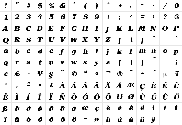 Clearface-Serial-Heavy RegularItalic  glyph index