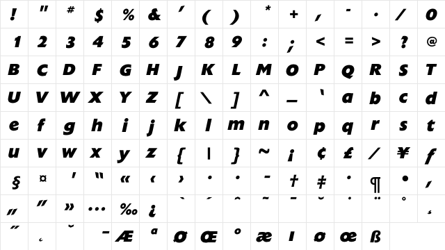 ExtensionExtraBoldItalic Regular  glyph index