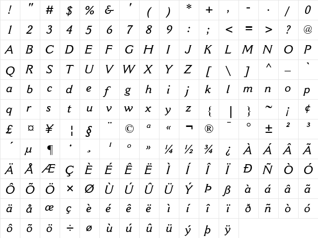 Cantoria MT Semi Bold Italic  glyph index