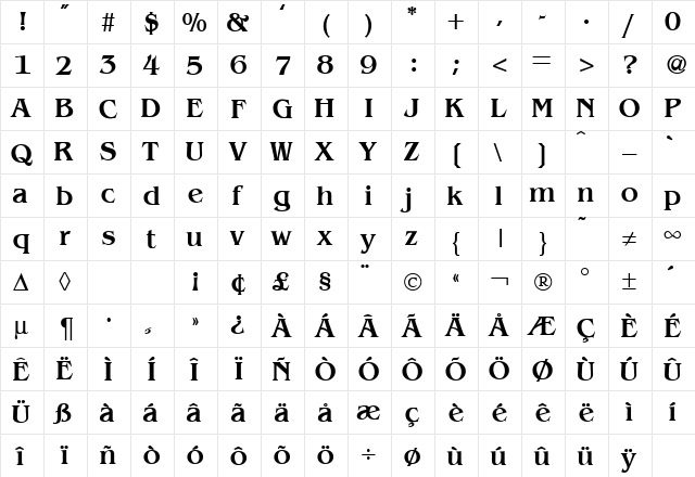 BenjaminSerifMedium Regular  glyph index