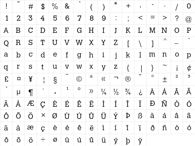 Calvert MT Light  glyph index