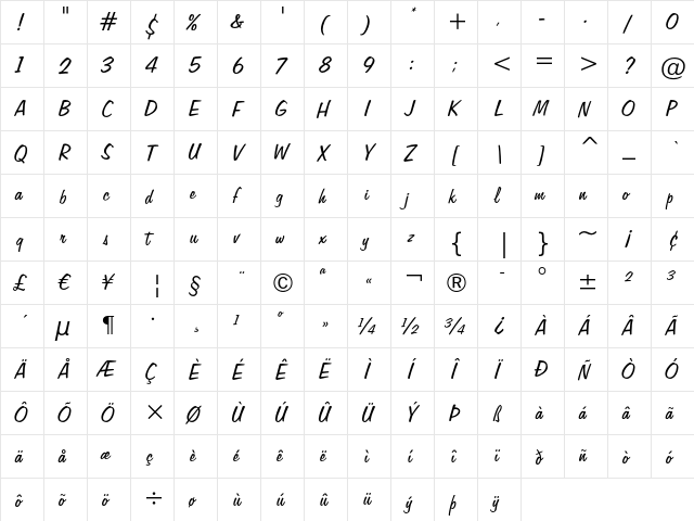 Freehand 575 Regular  glyph index