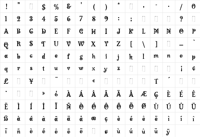 Lambada Regular  glyph index