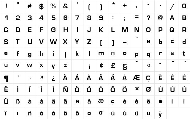 EurostileTBolRo1 Regular  glyph index