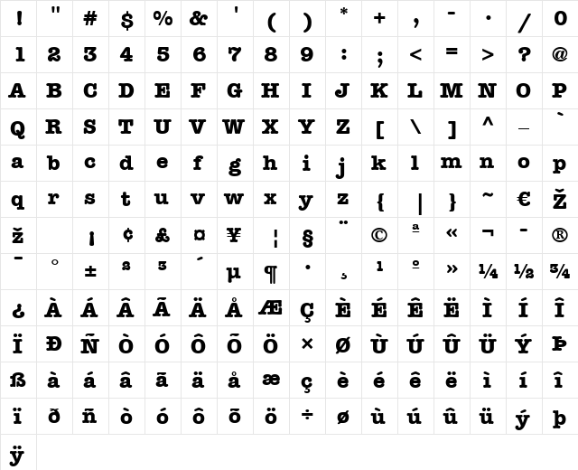 AmericanTypewriter LT Medium Bold  glyph index
