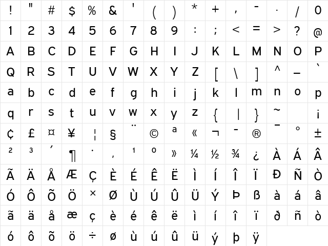 Expressway Regular  glyph index