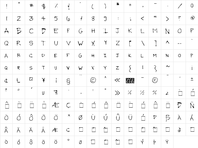 GrantsHand Regular  glyph index