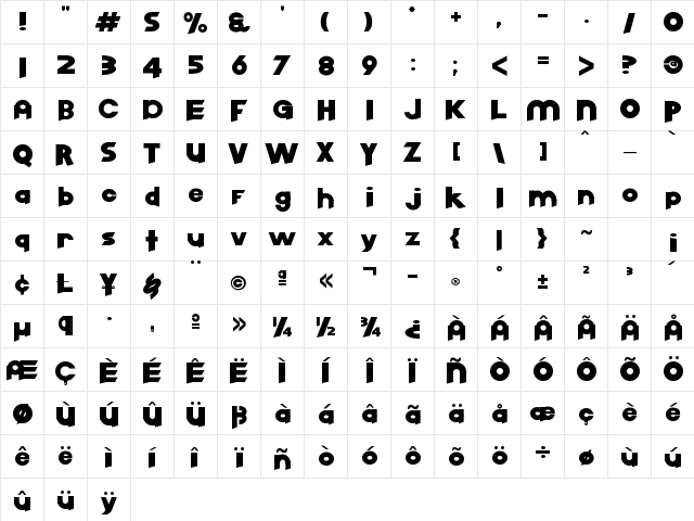 Jet Black Night Regular  glyph index