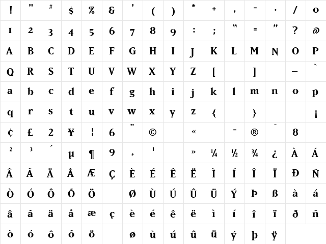 Matrix Bold  glyph index