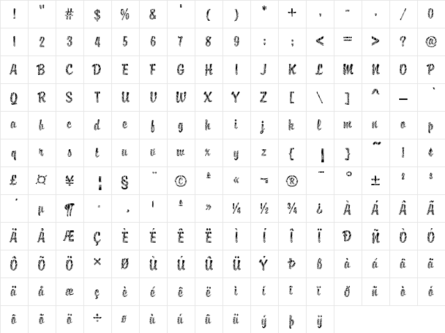 DTC Brody M35 Regular  glyph index