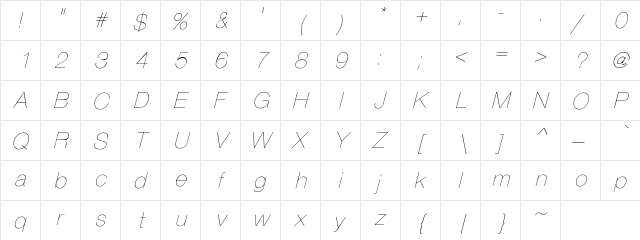 PartridgeObl-Th Regular  glyph index