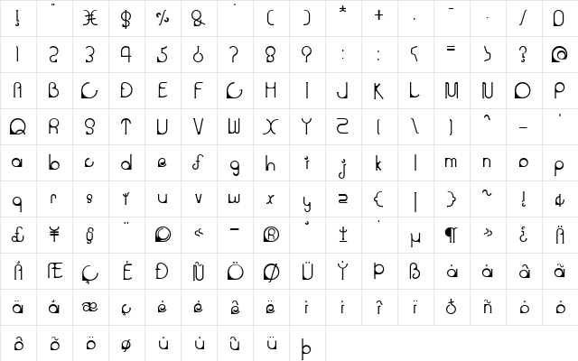 Slide Regular  glyph index