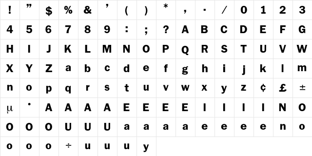Bruxelles Regular  glyph index