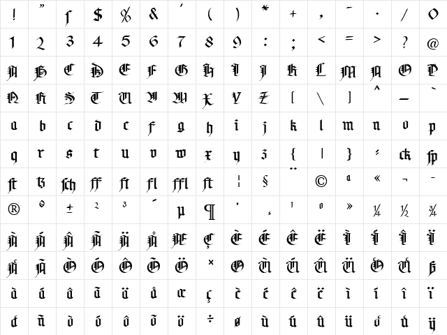 Gotic Becker Normal  glyph index