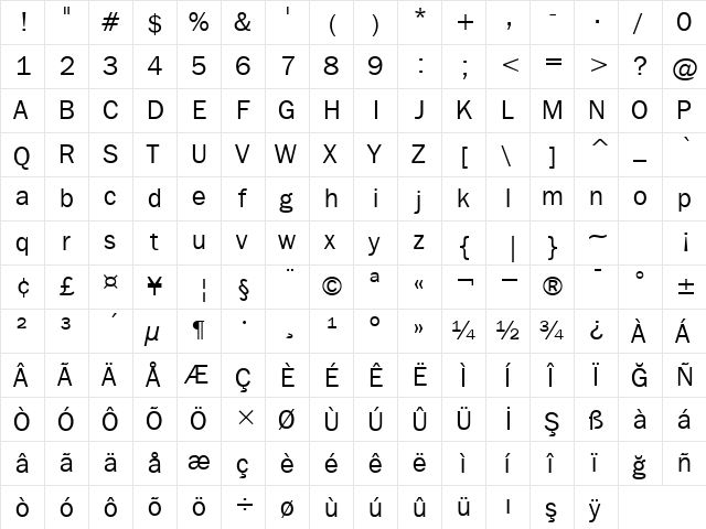 00250 Regular  glyph index