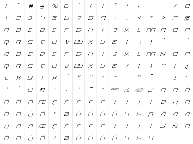 Quasitron Italic Italic  glyph index