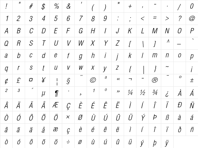 Helvetica LT Std Light Condensed Oblique  glyph index