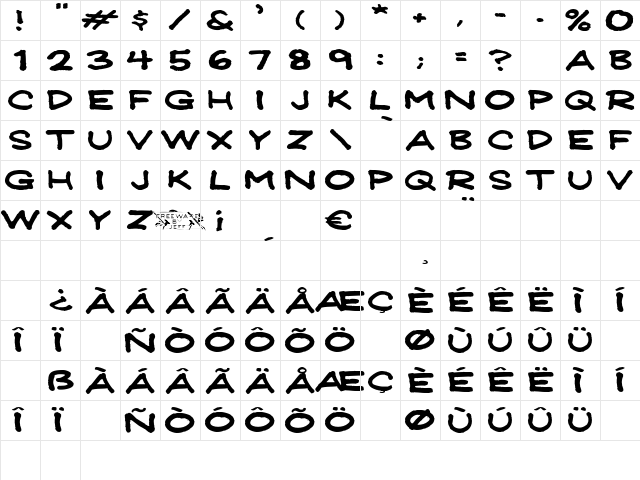 JeffreyPrint JL Wide Regular  glyph index