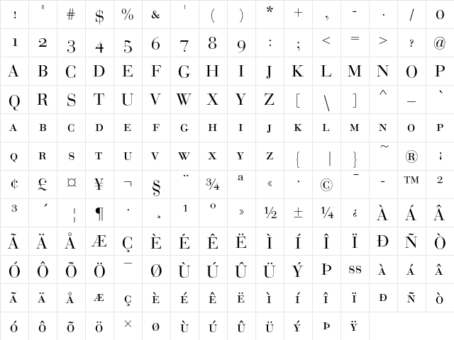 Bauer Bodoni SC D Regular  glyph index