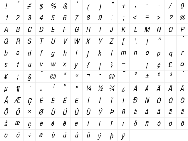 Helvetica Condensed Italic  glyph index