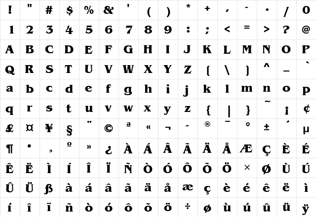 BenguiatITC Bold  glyph index