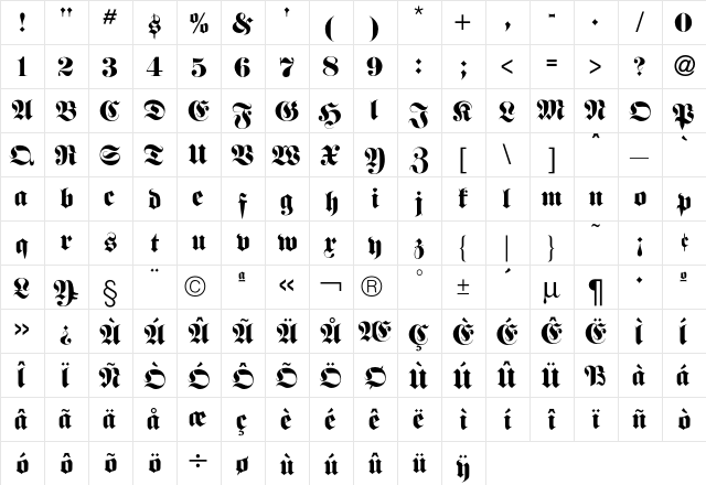 Fraktur Font  glyph index