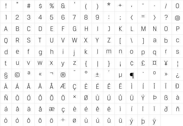 BreuerText Light  glyph index
