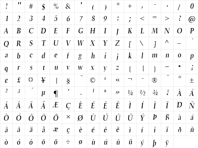 TrumpetLite Italic  glyph index
