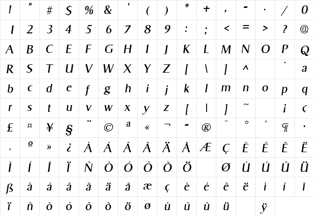 Sigvar Italic  glyph index