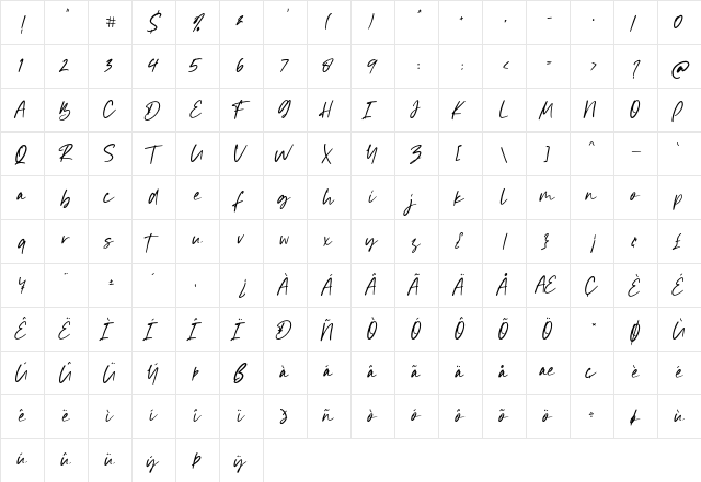 Mystique Regular  glyph index