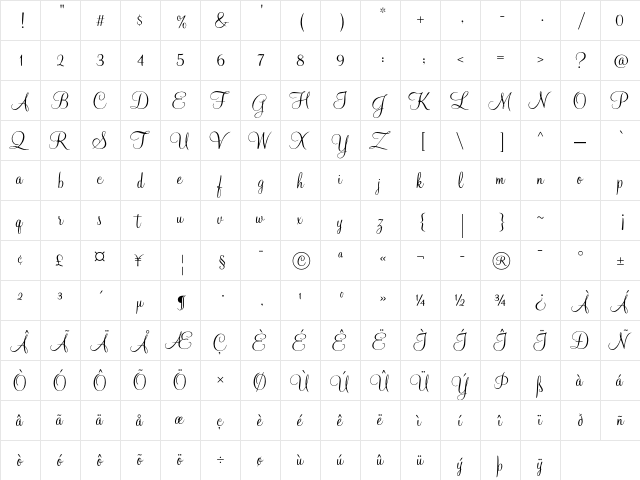 Mahogany Script Std Regular  glyph index