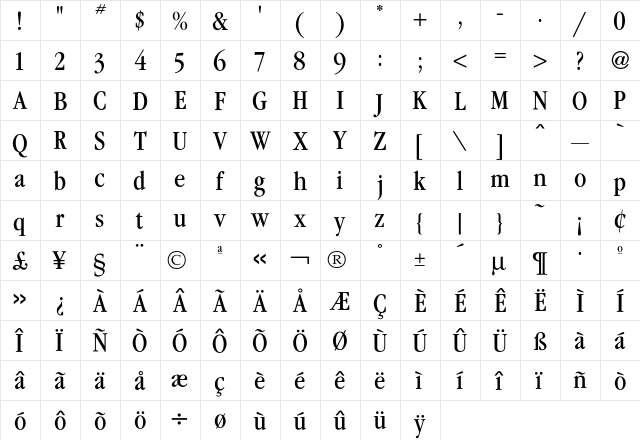Garamond CondBook  glyph index