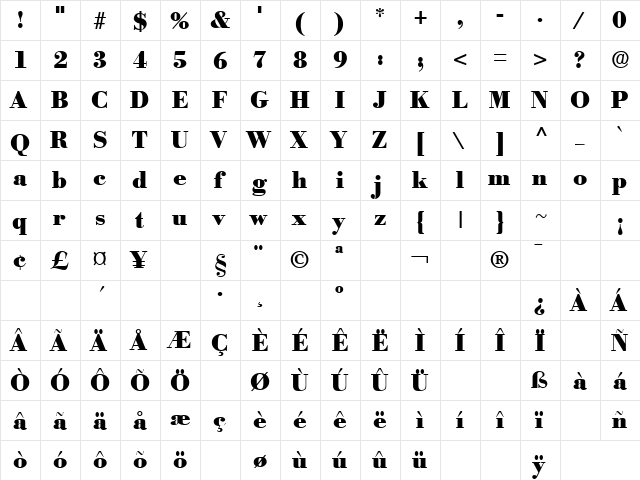 Poster Regular  glyph index