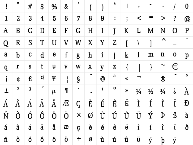 BidRomanCondensed Bold  glyph index