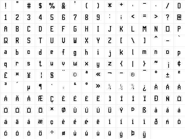 16x8Pxl_Sans Regular  glyph index