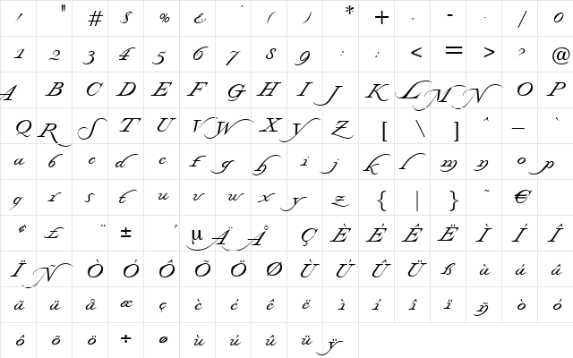 WindsorSword Regular  glyph index