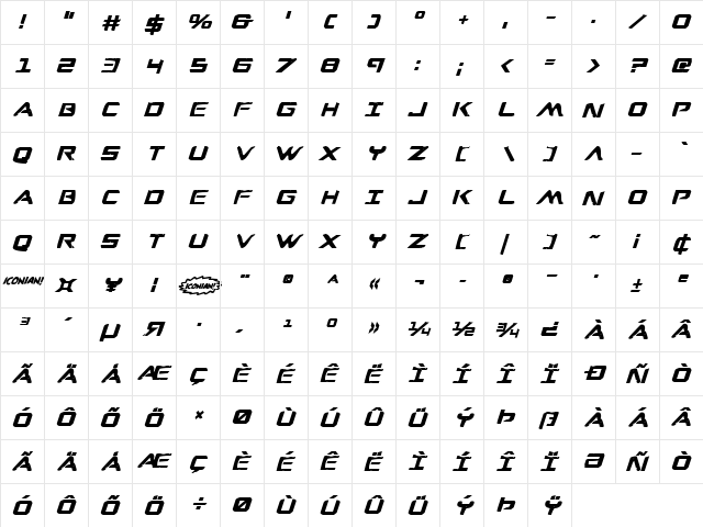 War Eagle Bold Italic Bold Italic  glyph index